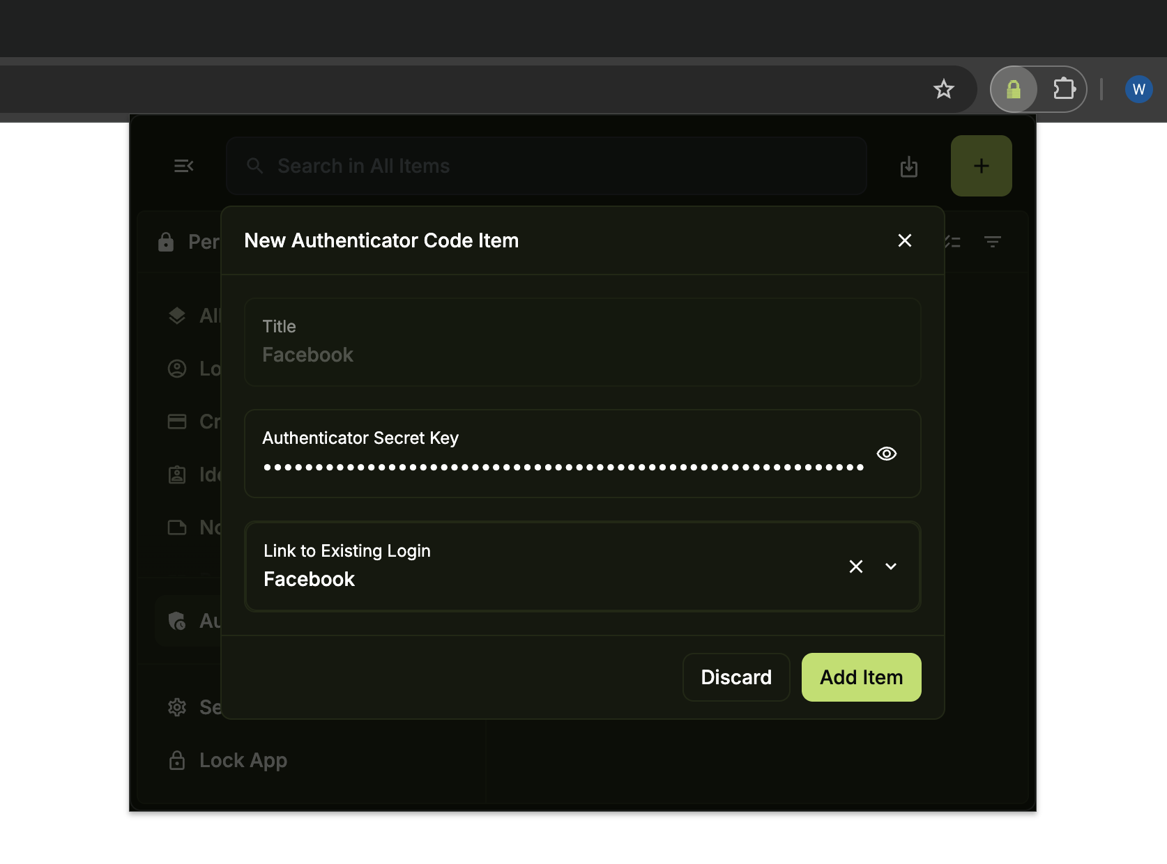 Click Add Item in the browser extension