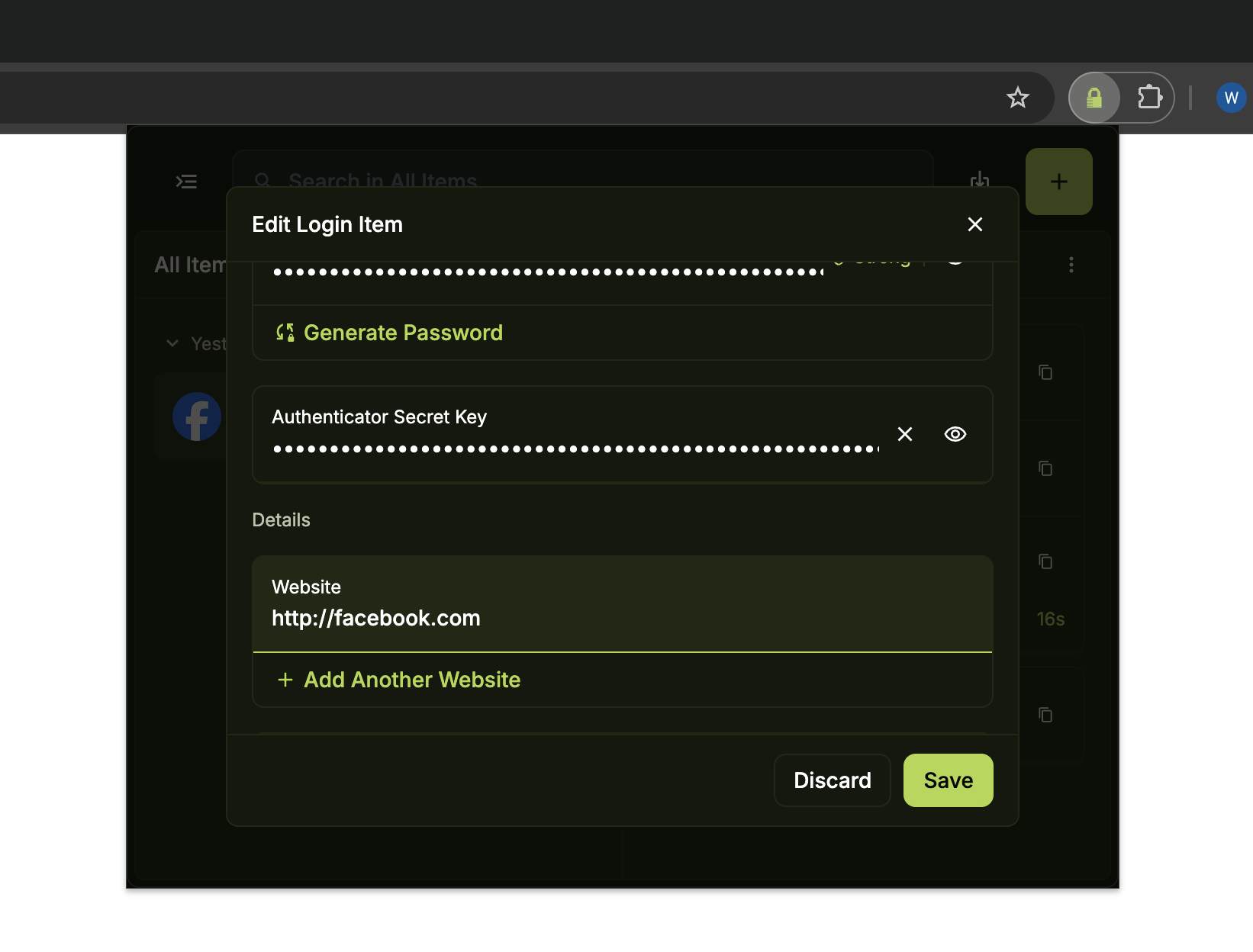 Edit login item showing the X button next to the Authenticator Secret Key field in the browser extension