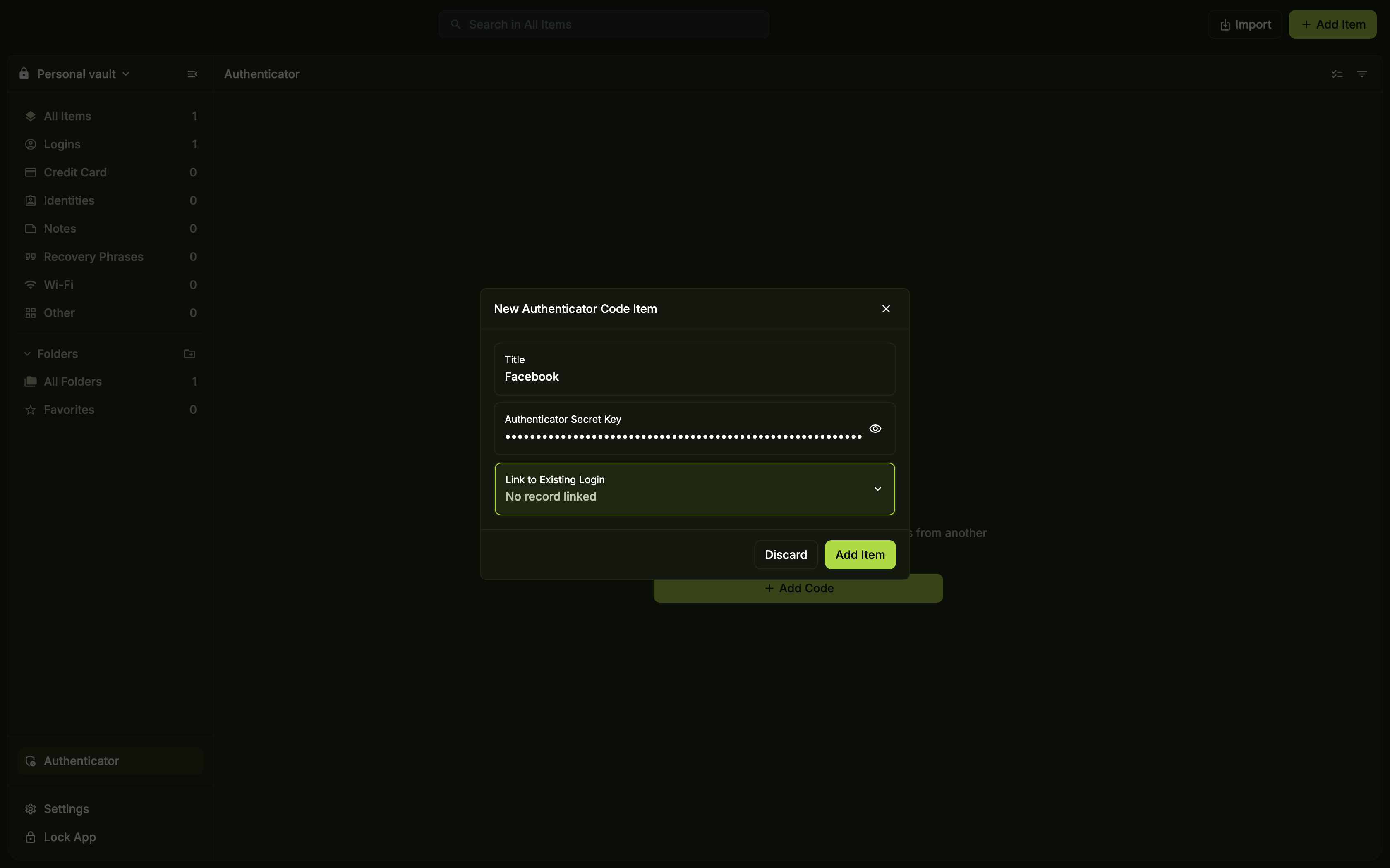 New Authenticator Code Item form