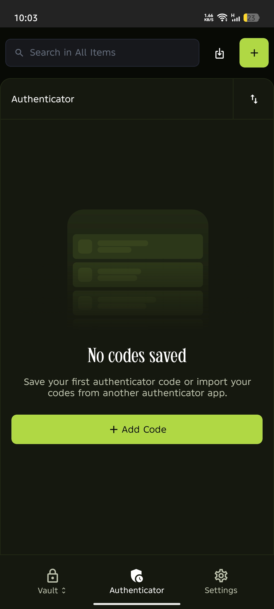 Authenticator section with no codes saved