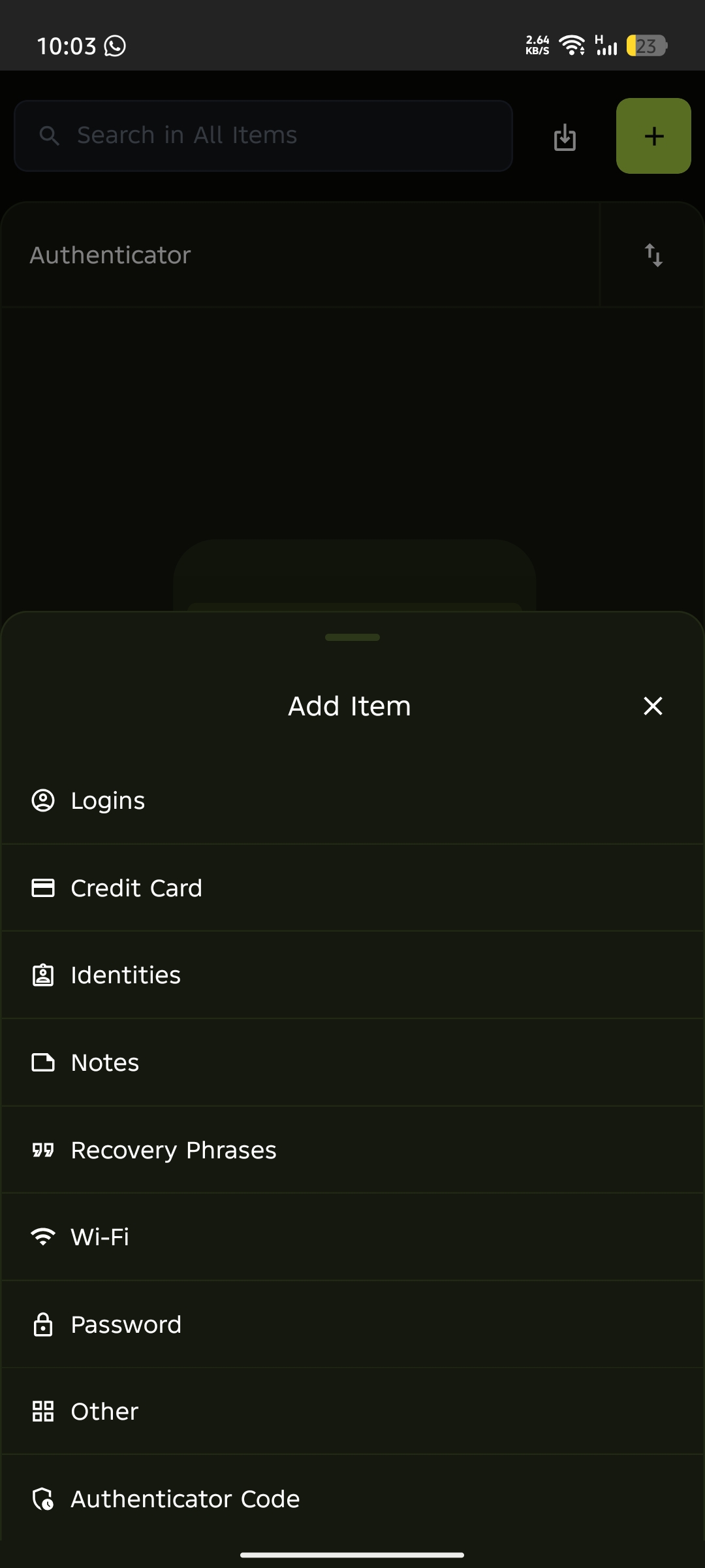 Add Item menu with Authenticator Code option