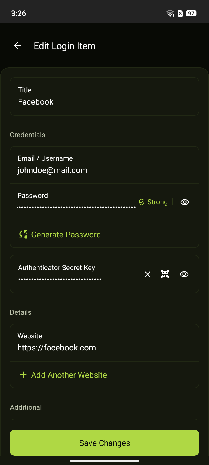 Edit login item showing the X button next to the Authenticator Secret Key field on mobile